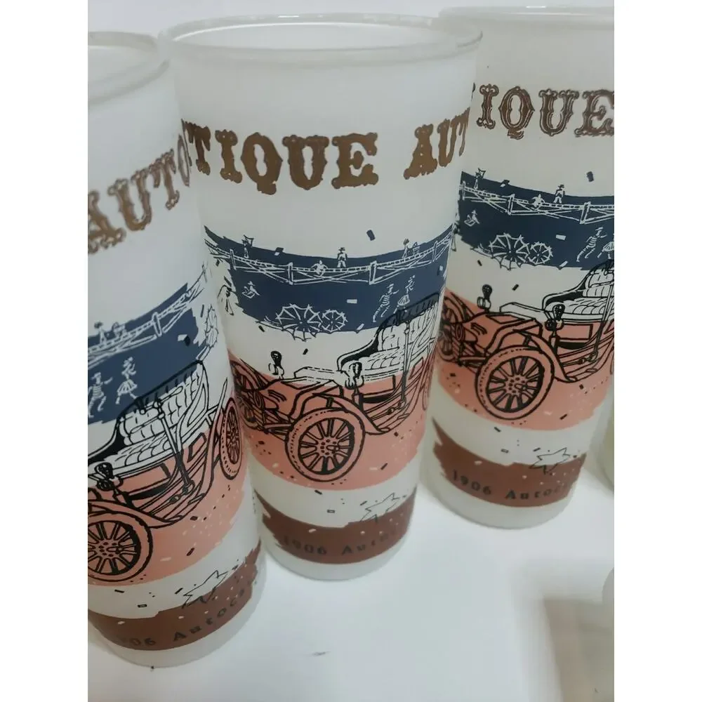 LOT OF 11 Autos cars Frosted Glasses Tumblers Vintage Highball MCM 60s Packard